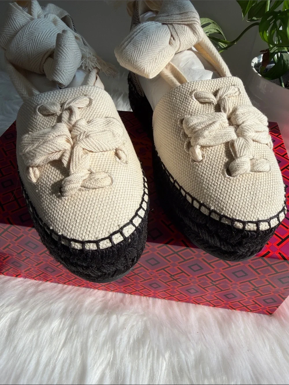 Tory Burch Black/Natural Ankle Wrap Woven Double T Espadrille